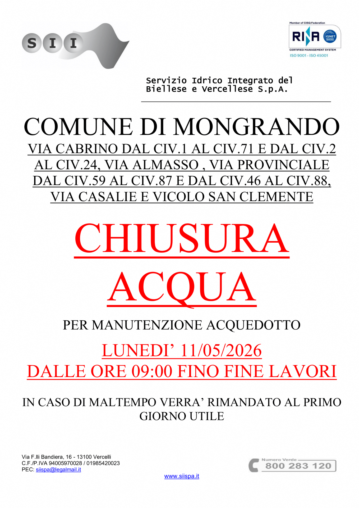 Locandina avviso chiusura acqua 11.05.2026